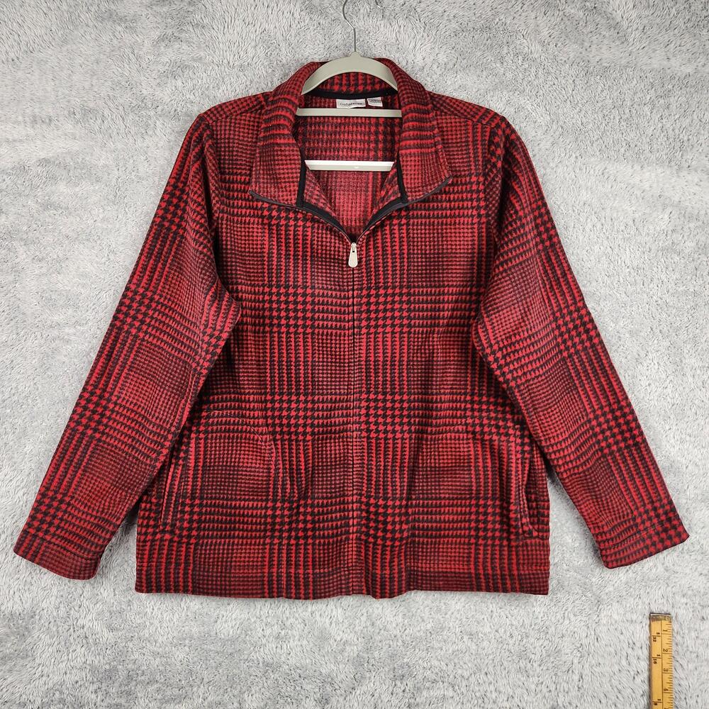 Vintage Croft & Barrow Jacket Womens Large Red Plaid Fleece 1/4 Zip Houndstooth